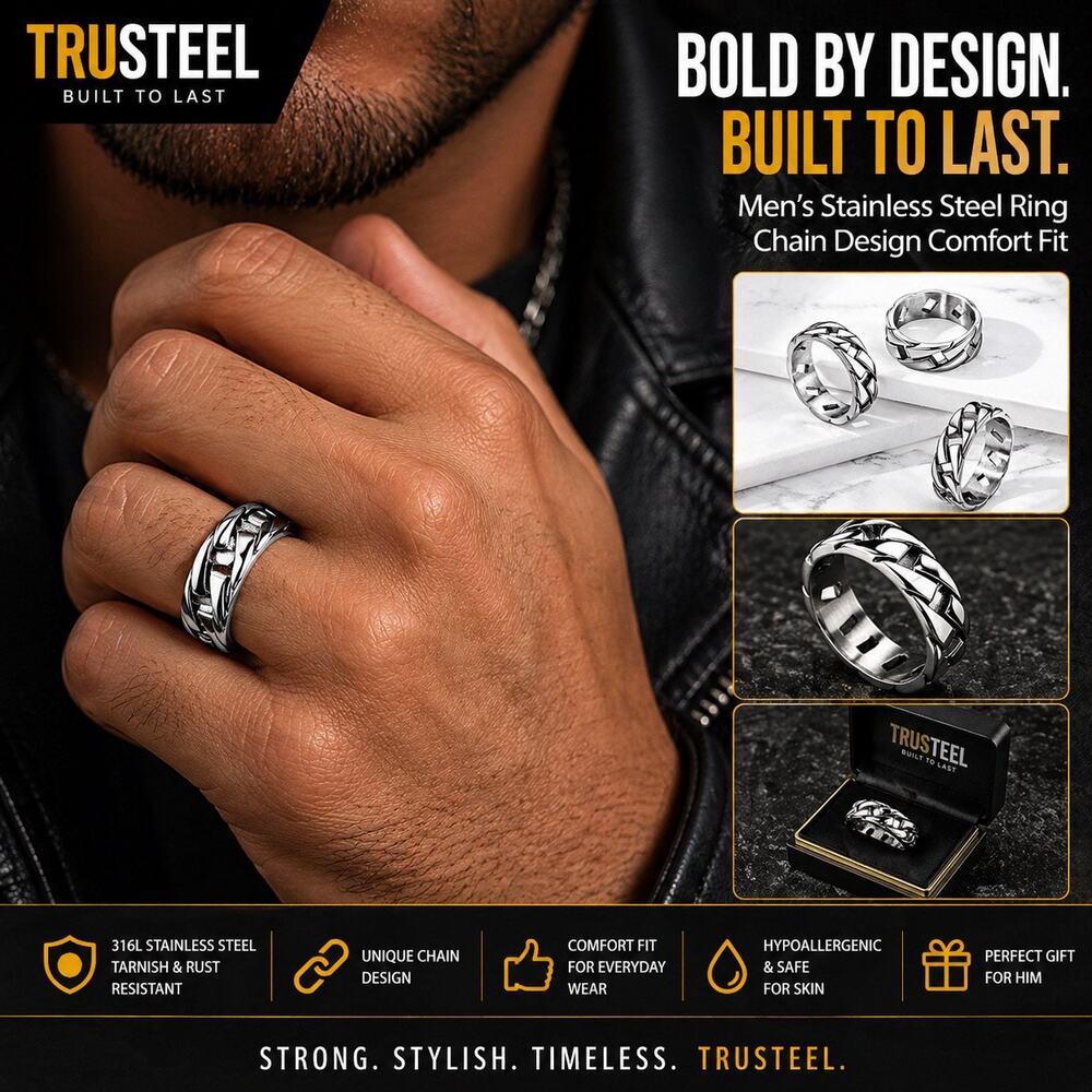 Men’s silver Link Chain 316L Stainless Steel‎ tarnish resistant Ring Size 11